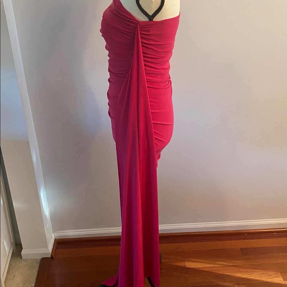 Club London Runched mini dress raspberry color with drape side train - Picture 7 of 11
